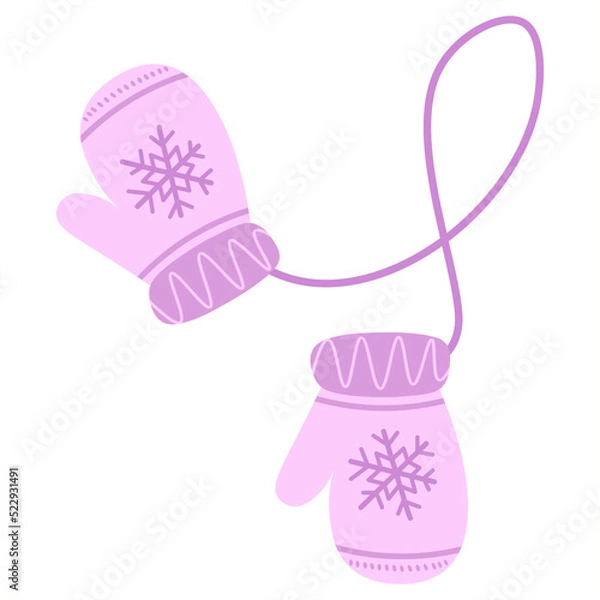 Fototapeta A pair of wool knitted mittens with a zigzag pattern and snowflakes. Cozy winter pink gloves isolated on white background. Vector flat illustration.