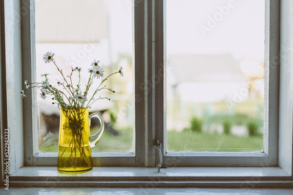 Fototapeta Bouquet of wild flowers in vase on the window. Summer in the countryside.   chamomile 