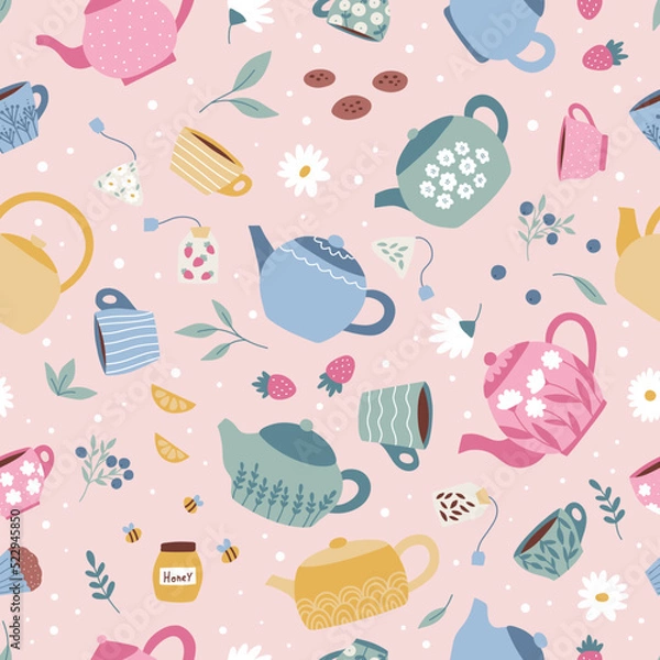 Fototapeta Seamless pattern with tea pots, cups, mugs and sweets on pink background. Hand drawn cartoon dishes. Tea party. Vector illustration.