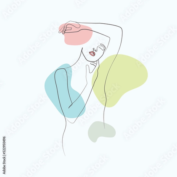 Fototapeta Abstract beautiful woman hand to chin female body line art soft color drawing minimal vector