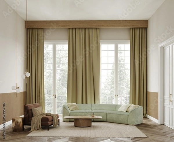 Fototapeta Classic minimalist living room with a green sofa, brown armchair and forest view from the panoramic windows. Braided carpet on wooden parguet, wooden coffee table, yellow blackout curtains