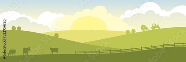 Fototapeta Abstract rural landscape with cows and tractor. Vector illustration, fields and meadows, fodder harvesting