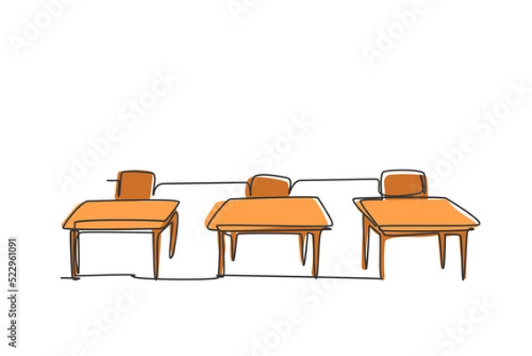 Fototapeta Single one line drawing of school chair and table inside a kindergarten classroom. Back to school minimalist, education concept. Continuous simple line draw style design graphic vector illustration