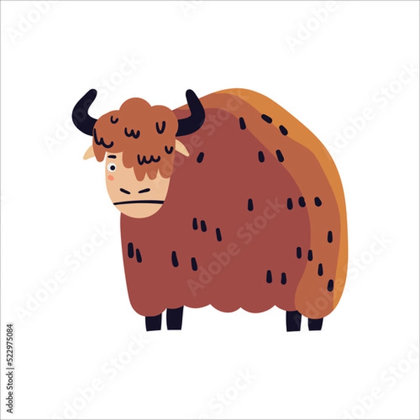 Fototapeta Cute brown yak vector illustration. Funny hand drawn safari character. Happy buffalo isolated on white background. Childish t shirt print design forest and savannah of Africa