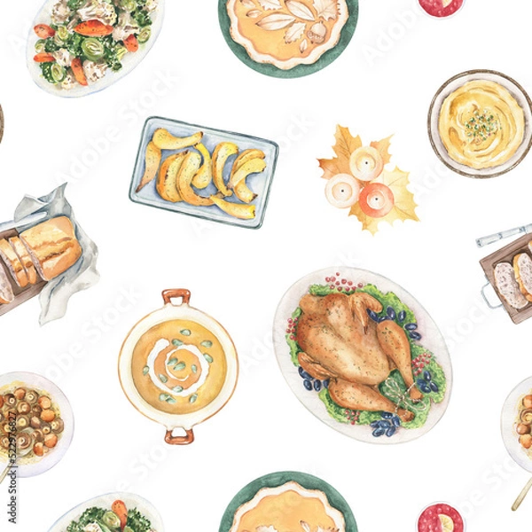 Fototapeta Watercolor seamless pattern. Thanksgiving Day dinner with stuffed turkey, pumpkin pie, baked vegetables, traditional dishes. Holiday food, celebration table. Hand painted illustration 