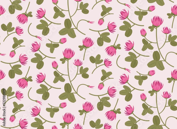 Fototapeta Seamless pattern with red clovers. Texture with wildflowers in cartoon style.