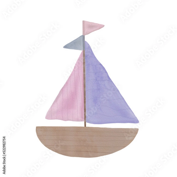 Fototapeta Watercolor illustration of a boat with two sails in pink and lilac on a white background. Isolated illustration of a sailboat in pastel colors for your design.
