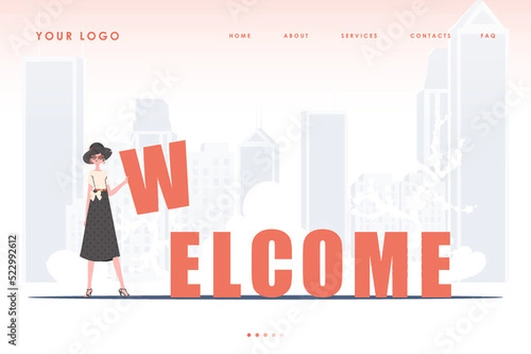 Fototapeta Welcome landing page. The girl stands and holds the letter W in her hands. The start page of the site. Trendy cartoon character. Vector illustration.