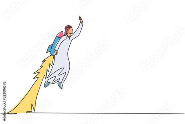 Fototapeta Continuous one line drawing young handsome Arab male worker flying high to the sky with jetpack. Success business manager minimalist concept. Trendy single line draw design vector graphic illustration
