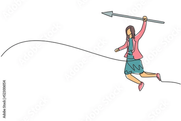 Fototapeta Continuous one line drawing of young female worker holding arrow spear to hit target. Success business manager minimalist concept. Trendy single line draw design vector graphic illustration