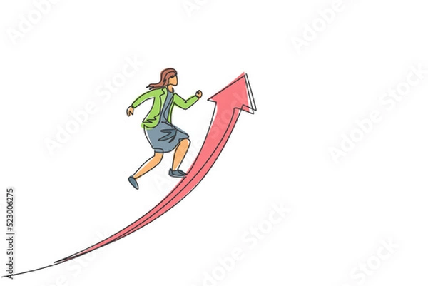 Fototapeta Single continuous line drawing young female manager jumping high up arrow symbol to reach goal. Professional businesswoman. Minimalism concept dynamic one line draw graphic design vector illustration