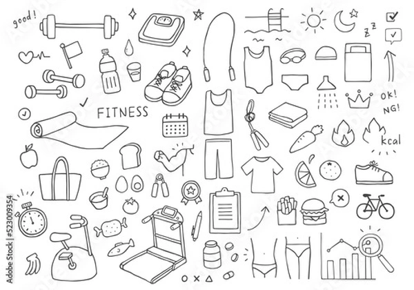 Fototapeta フィットネスにまつわる手描きイラストセット（モノクロ）