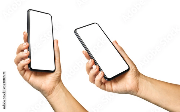 Obraz Woman's hand holding the black smartphone with a transparent blank screen isolated transparent background - PNG format - easy replacement of background and device screen