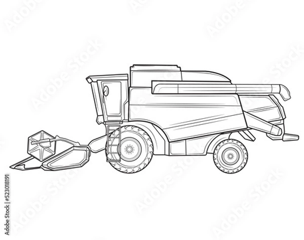 Fototapeta Vector harvester at harvest in isolate on white background.Side view.Wheat harvesting process.