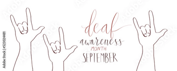 Obraz Deaf awareness month september handwritten calligraphy. Human hand showing I love you in sign language