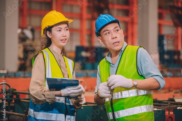 Obraz Team Asian engineer working control machine in factory. Group people Asia Worker control machine with manufacturing of industry.