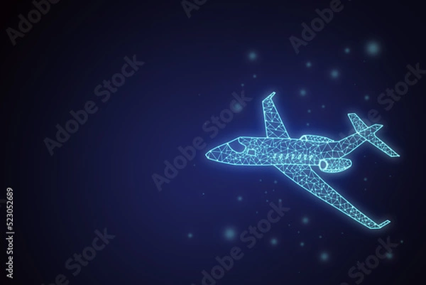 Fototapeta 2d neon airplane on dark space background. Line polygonal  blue color. plane The concept of travel, flights.