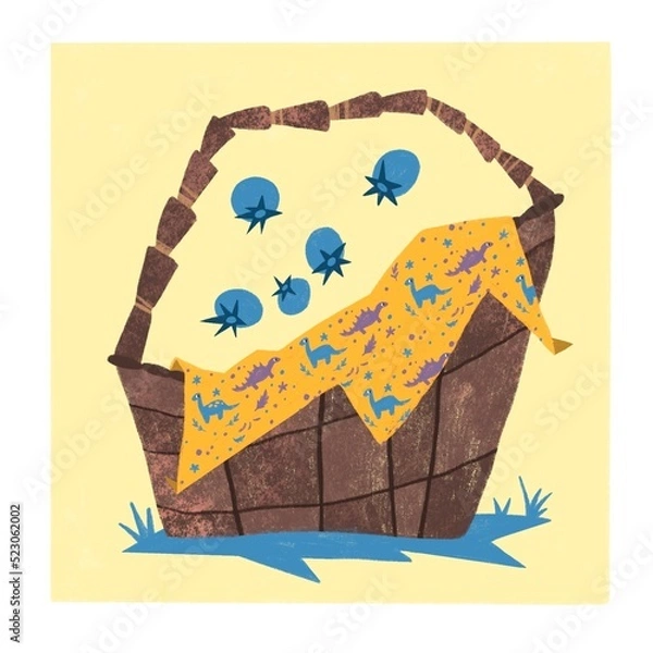 Fototapeta cute illustration with a basket and blueberries on a yellow background.. You can use it as a postcard, sticker or illustration for clothes, books, magazines	
