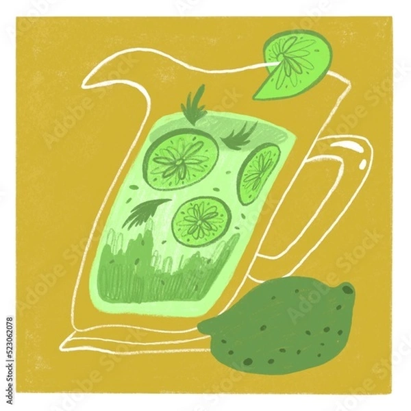 Fototapeta illustration of lime lemonade on a mustard background. You can use it as a postcard, sticker or illustration for clothes, books, magazines	
