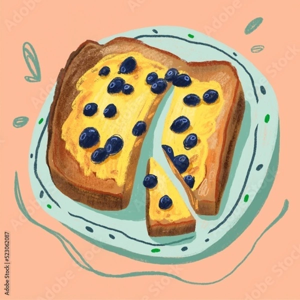 Fototapeta illustration of toast with butter and blueberries. You can use it as a postcard, sticker or illustration for clothes, books, magazines	