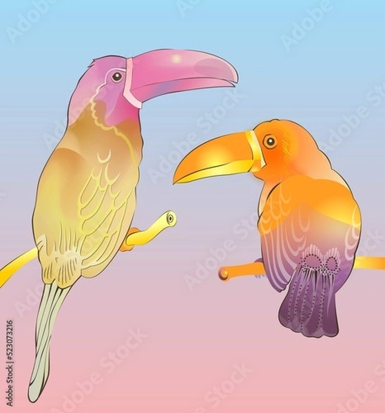 Fototapeta illustration which depicts two birds parrots toucans with a large beak and bright multi-colored plumage, wings and tail in golden and pink colors