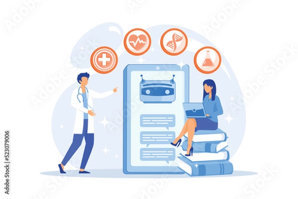 Fototapeta Medical chatbot gives healthcare consultation to patient. Chatbot healthcare use, artificial intelligence caregiver, anonymous consultation concept. vector illustration