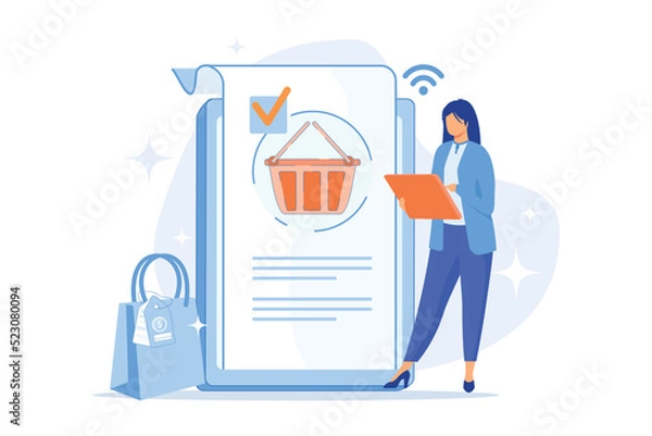 Obraz Online ordering, purchase making, buying goods on internet store website. Female customer with tablet adding product to cart cartoon character. Vector illustration