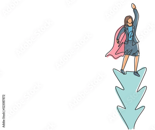Fototapeta Continuous one line drawing young woman worker flying high into the sky to reach big goals. Big vision of business target minimalist concept. Single line draw design vector graphic illustration.