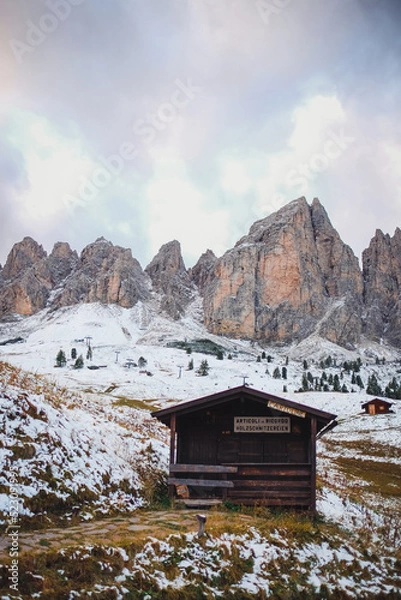 Obraz Mountain hut at Dolomites.