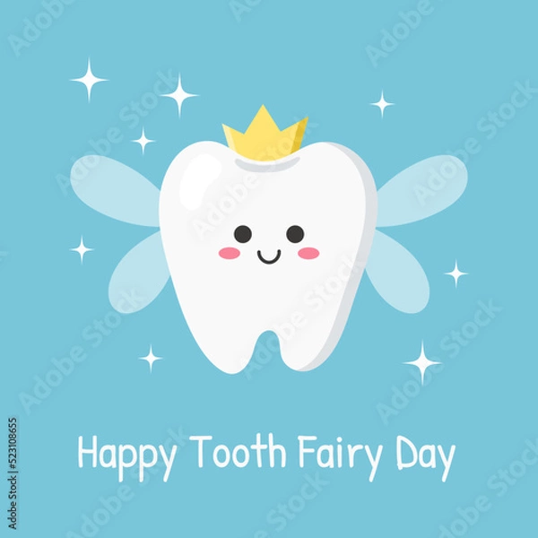 Fototapeta Happy Tooth Fairy Day. Card with the cute tooth fairy. Vector illustration