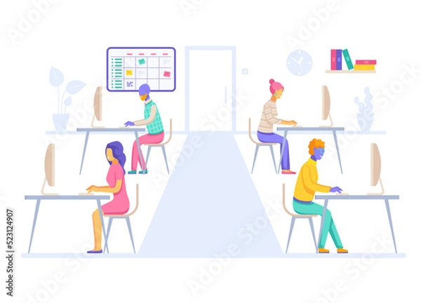 Fototapeta flat vector illustration isolated on white background, people work on computers in the office, teamwork or workflow