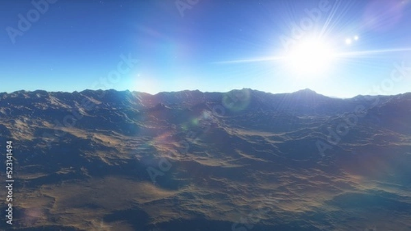 Fototapeta Mars like red planet, with arid landscape, rocky hills and mountains, for space exploration and science fiction backgrounds.
