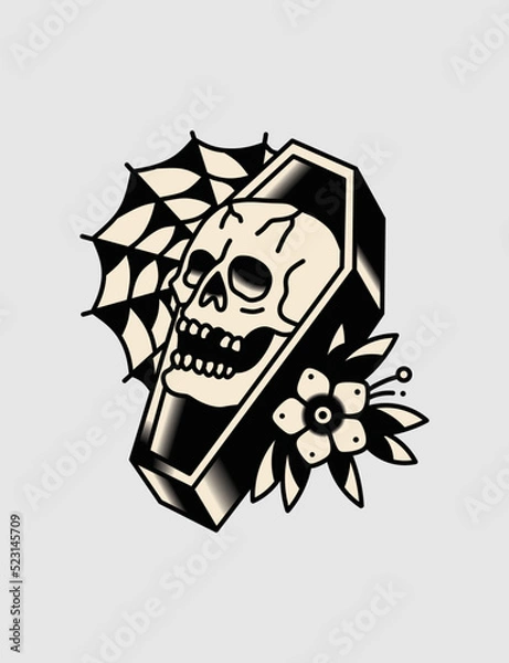 Fototapeta Coffin skull with flower, vector design.