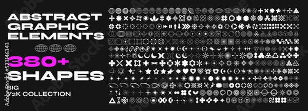 Obraz Retro futurystyczne elementy projektowania. Duża kolekcja abstrakcyjnych graficznych geometrycznych symboli i obiektów w stylu Y2K. Szablony notatek, plakatów, banerów, naklejek, wizytówek, logo.