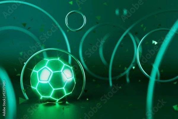 Obraz football 3d object in the abstract background, arena concept design, copy space, 3d illustration, glow neon light text frame, 3d rendering element, soccer game sport, sports equipment, realistic ball