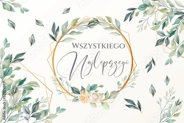Obraz kartka lub baner z życzeniami wszystkiego najlepszego w kolorze zielonym w kółko i złotym diamentem z kwiatami i liśćmi na ecru tle z zielonymi gałązkami liści