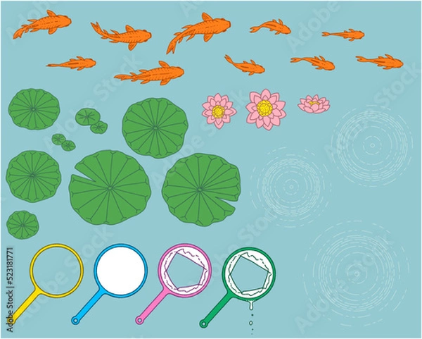 Fototapeta 金魚と蓮とポイの手書きイラスト-カラー
