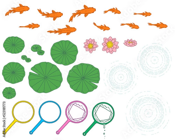 Fototapeta 金魚と蓮とポイの手書きイラスト-カラー
