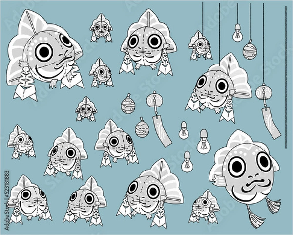 Fototapeta 金魚ねぶたの手書きイラスト-線画