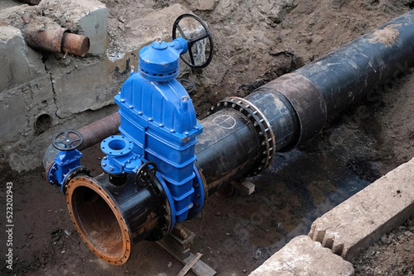 Obraz piping with new Gate valves and reduction. Laying heating pipes in a trench at construction site. New blue valves. Cold and hot water, heating and heating system of apartments.