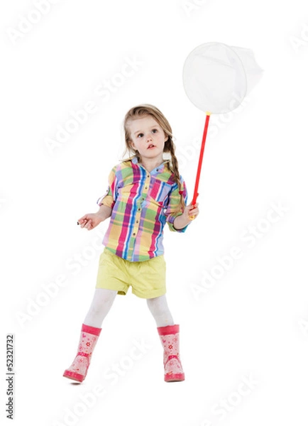 Fototapeta girl with a butterfly net. Isolated on white