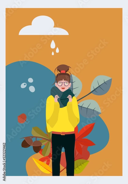 Fototapeta A beautiful girl in a scarf and glasses against the background of falling leaves of maple, oak, aspen. The concept of enjoying a cozy autumn. Autumn postcard. Vector illustration in flat style