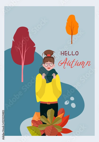 Fototapeta A beautiful girl in a scarf and glasses against the background of falling leaves of maple, oak, aspen. The concept of enjoying a cozy autumn. Autumn postcard. Vector illustration in flat style