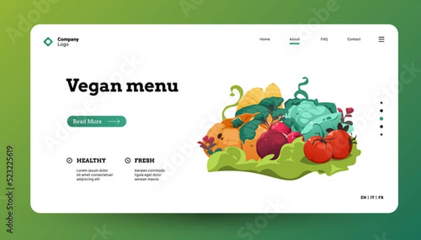 Fototapeta Vegetables landing page. Web page mockup with cartoon healthy nutrition grocery food, fresh greens vegetarian banner. Vector website template
