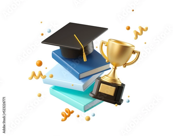 Fototapeta Minimal background for online education concept. Book with graduation hat isolated on transparent background. 3d rendering illustration. PNG