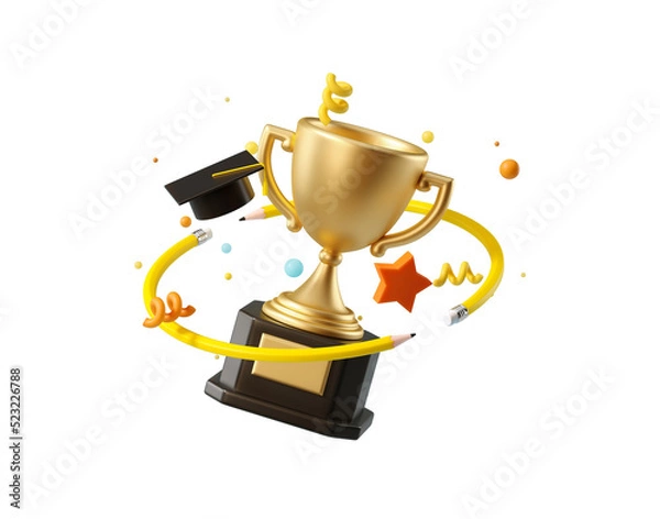 Fototapeta Minimal background for online education concept. Pincle with graduation hat and trophy isolated on transparent background. . 3d rendering illustration. PNG