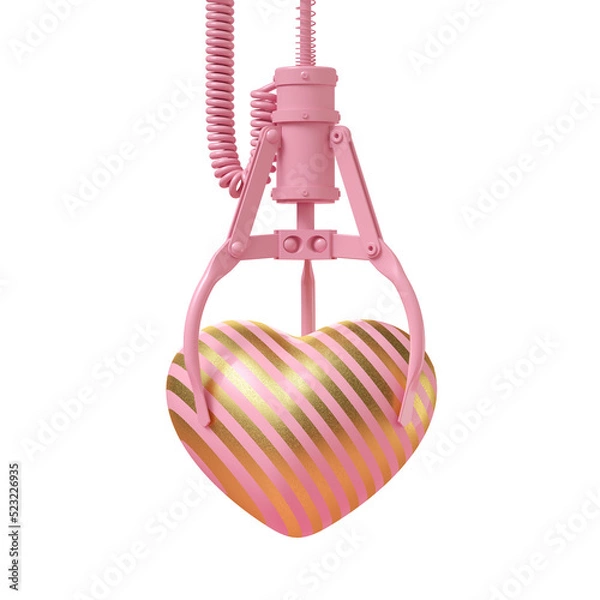 Fototapeta Minimal happiness object for love, wedding and valentine concept. Pink with gold stripe heart catch claw machine isolated on transparent background. 3d rendering illustration. PNG