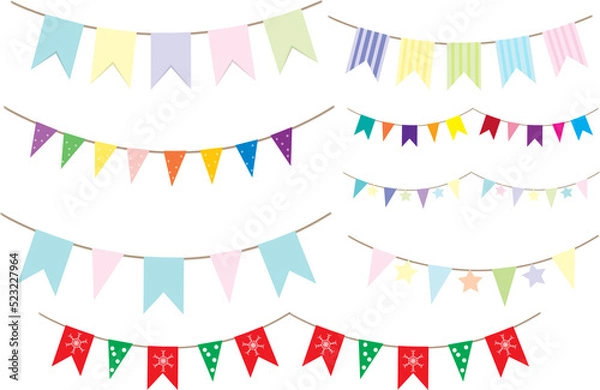 Fototapeta Set of multicolored flat buntings garlands with ornament isolated on white background