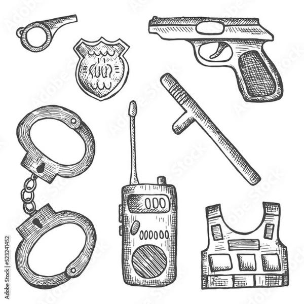 Fototapeta police objects set vector sketches