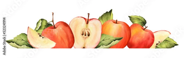 Fototapeta Watercolor red apple border. Fall arrangement with fruit and green leaves. Half, slice of apple. Isolated. Food botanical illustration. Hand painted clipart.